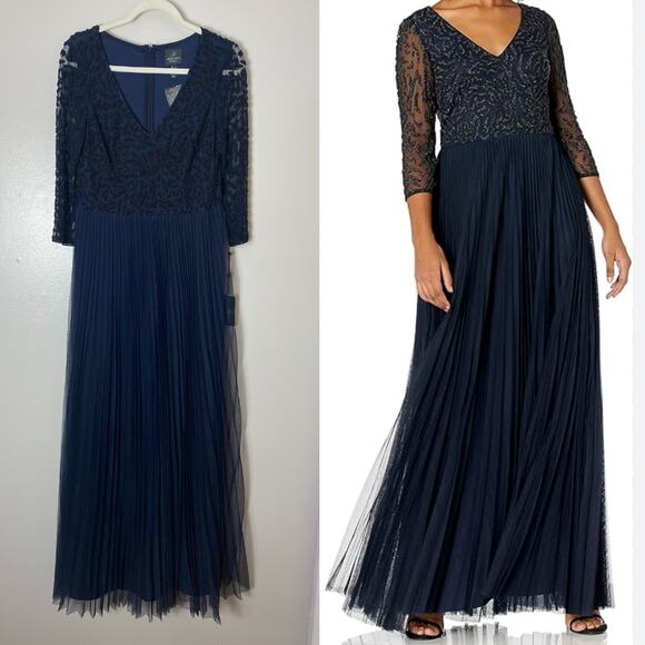 NWT ADRIANNA PAPELL DRESS BEADED LONG FORMAL MAXI EVENING NAVY BLUE FLOWY GOWN - Picture 1 of 16